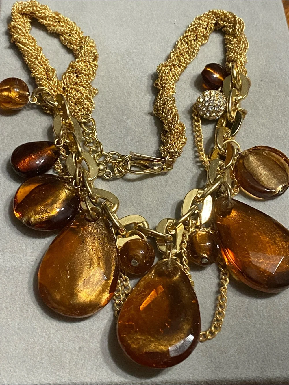 Gold-Tone Necklace with Amber Teardrop Glass Drops